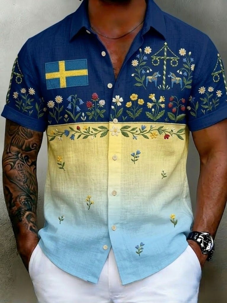 Herrretro svensk midsommarfolkaldrigblommig bomull-linne skjorta med korta ärmarna