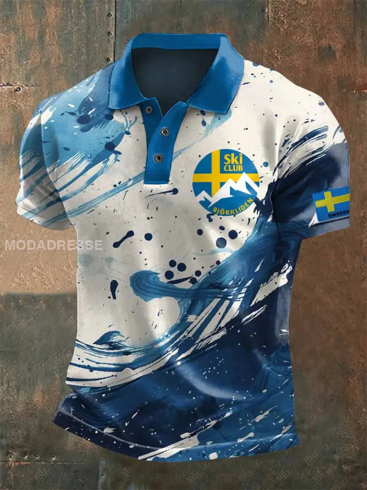 Casual Pikétröja Med Retro Svenskt Tryck För Män som bild / S