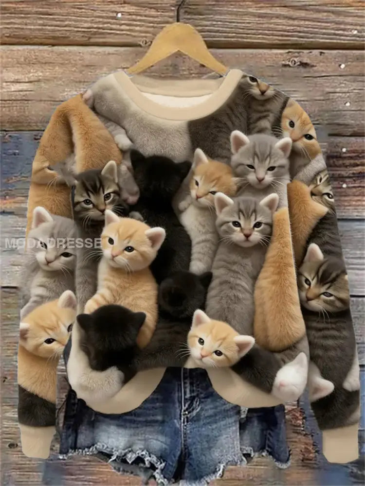 Damas Flannel söta katter Skriv ut tröjar som bild / S