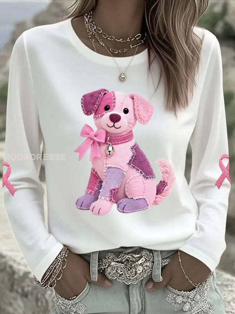 Damens rosa hund Pink Ribbon Bröstcancer medvetenhet Stöd Långärm T shirt vitt / S