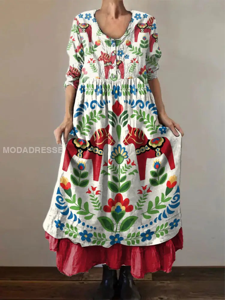 Damens Sverige Dala Hästar Tryckt klänning röd / S