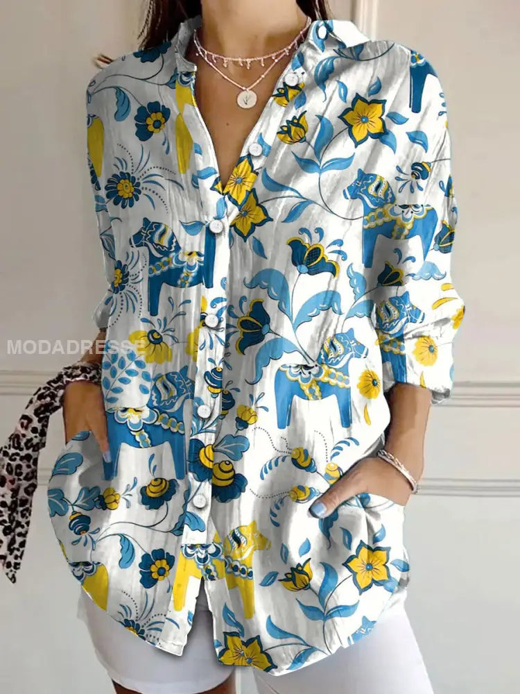 Damens Sverige Dala Hästar Tryckt skjorta blå / S