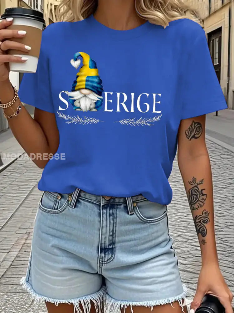 Damens Sveriges flagg tryckt T shirt blå / S