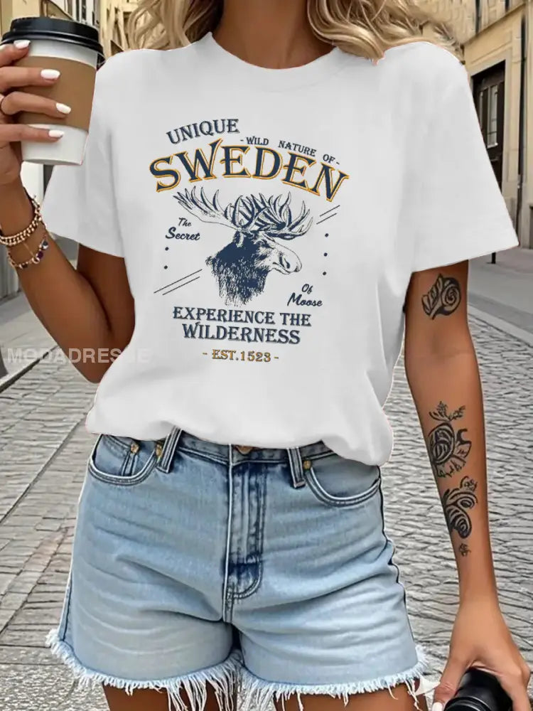 Damens Sveriges flagg tryckt T shirt vitt / S