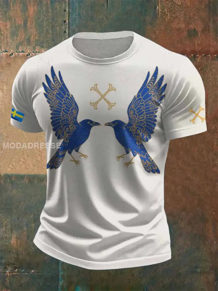 Herr Vintage Svensk Viking Raven Skriv ut Casual T-shirt som bild / S