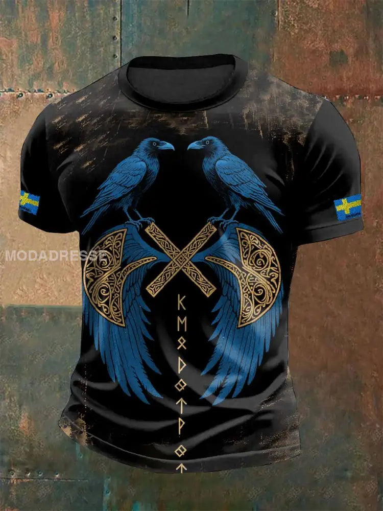 Herr Vintage Svensk Viking Raven Skriv ut Casual T-shirt som bild / S
