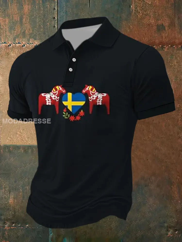 Herren Sverige Flagg Grafiskt tryckt atletisk Retro Style V-hals korta ärmar Polo-shirt A / S