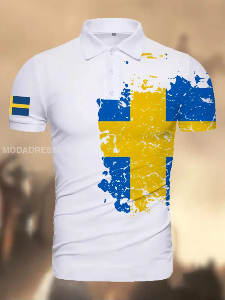 Herren Sverige Flagg Grafiskt tryckt atletisk Retro Style V-hals korta ärmar Polo-shirt A / S