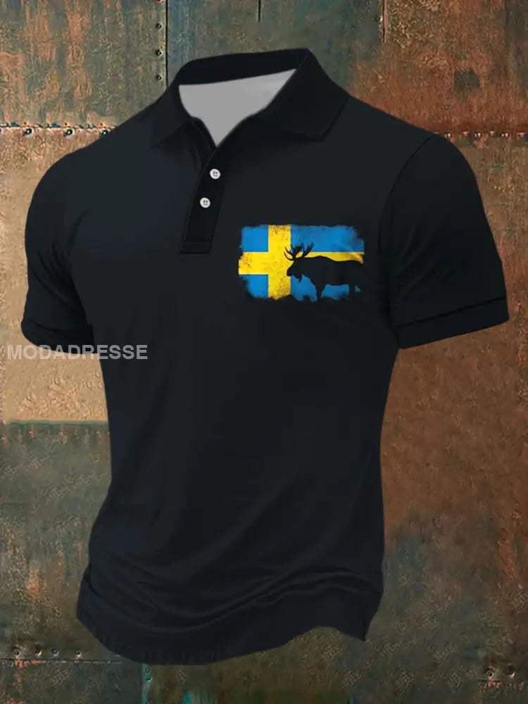 Herren Sverige Flagg Grafiskt tryckt atletisk Retro Style V-hals korta ärmar Polo-shirt A / S
