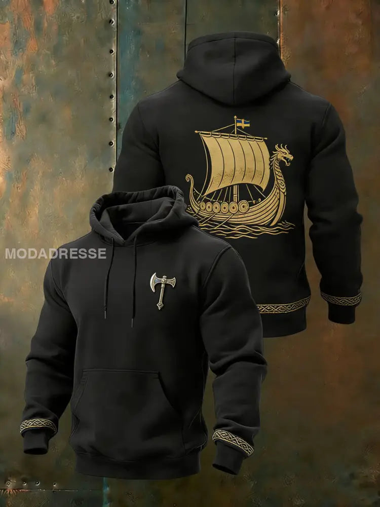 Herrens regal svarta vikinga skepp & yxa Emblem Hoodie. flerlog / S
