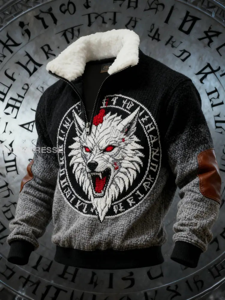 Herrens Retro Viking Celtic Knop Varg gradient Skriv Baggy Zip-up Sweatshirt svart / S