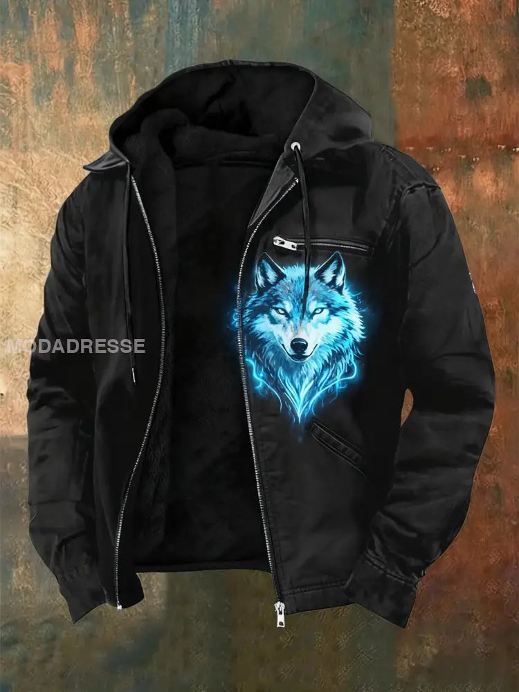Herrens Retro Viking Wolf Fenrir Skriv ut Casual Zip-Up Fleece Hooded Jacka svart / S