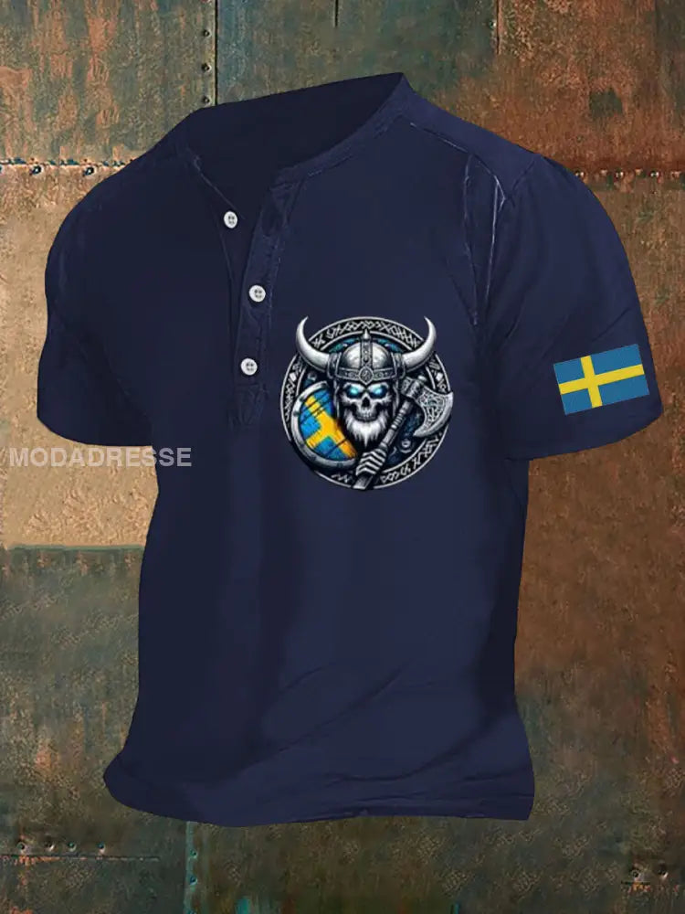 Herrens Sverige Viking Style Skull Tryckt Polo tröj marinblå färg / S