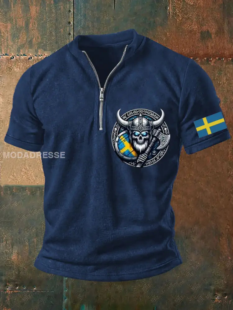 Herrens Sverige Viking Style Skull Tryckt topp marinblå färg / S
