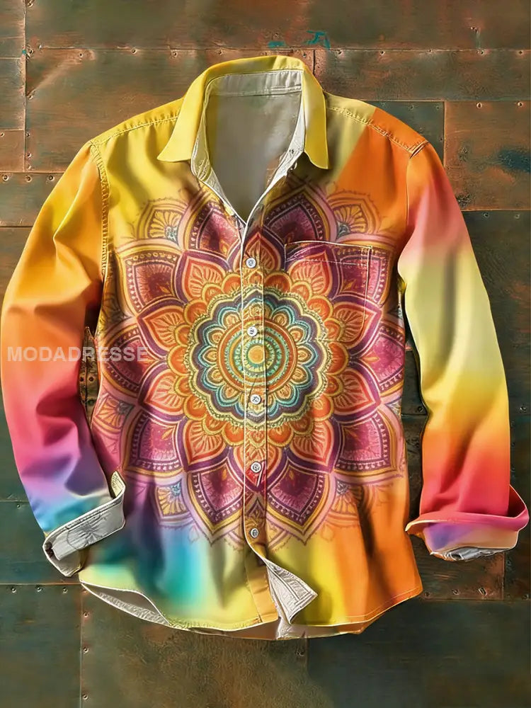 Herrens vintage hippie stil tryckt avslappnad långärmad skjorta A / S
