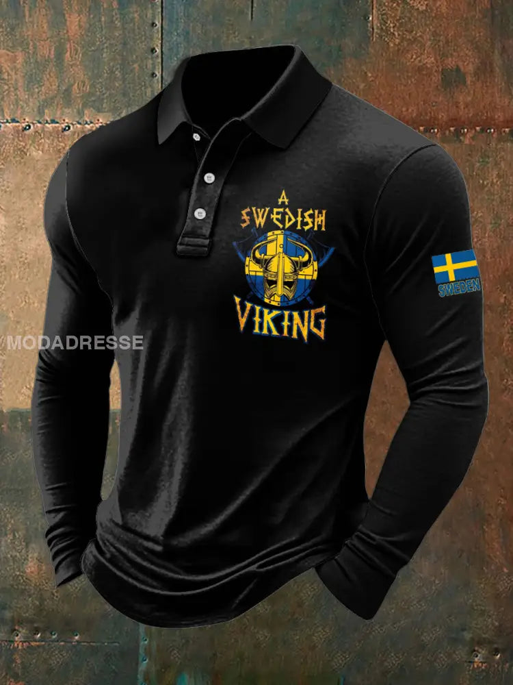 Herrpolo med vikingahjälm och svenskt tryck långärmade svart / S