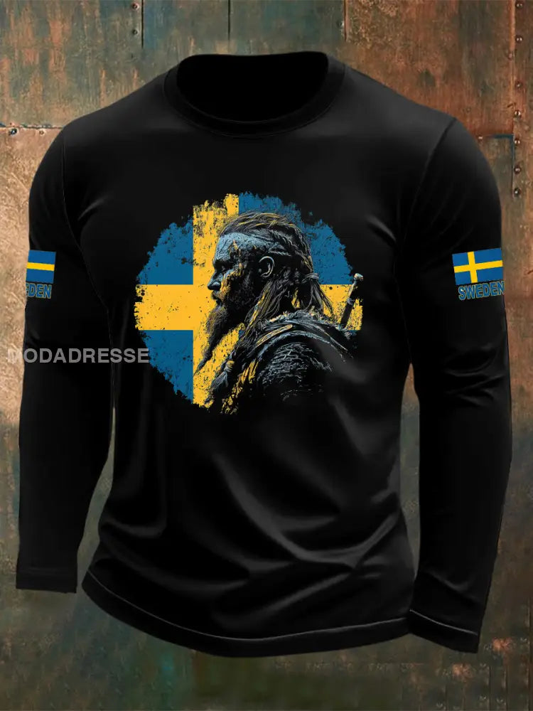 Herrtröja med långärmad vikingatryck och svensk krigare svart / S