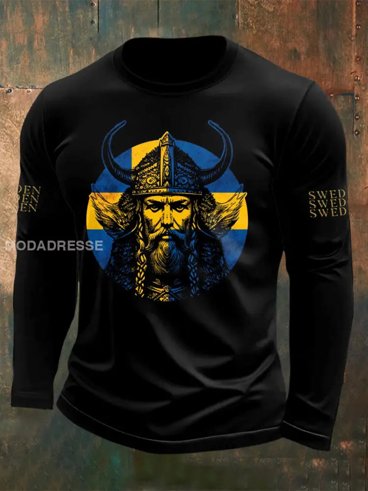 Herrtröja med långärmad vikingatryck och svenskt krigstryk svart / S