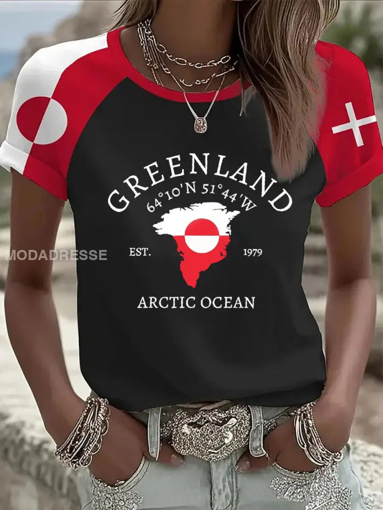 Kvinders Grønland Print Casual T-shirt Sort / S