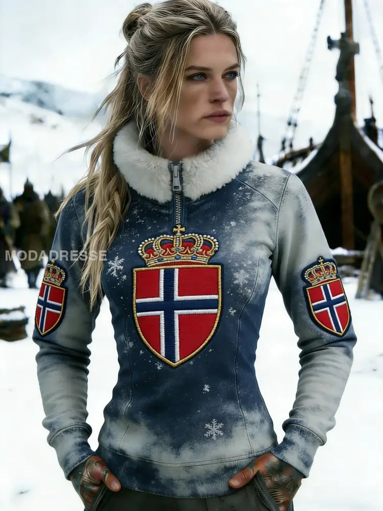 Kvinner Retro Viking Norge flaggskilt Fleece-fored lindlåss sweatshirt blå / S