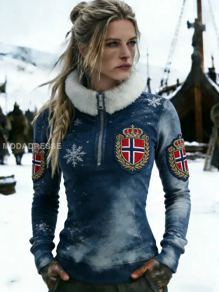 Kvinner Retro Viking Norge flaggskilt Fleece-fored lindlåss sweatshirt blå / S