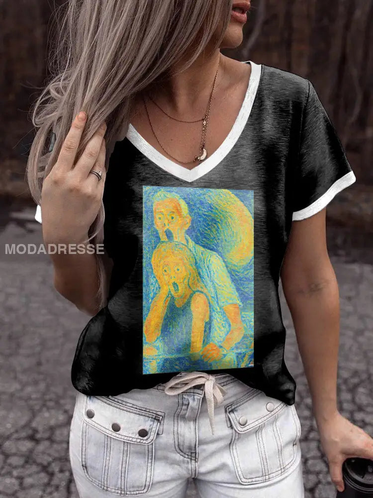 Kvinnerne Andy Byron trykt Vintage Fashion Kort erm V-hals T-shirt S