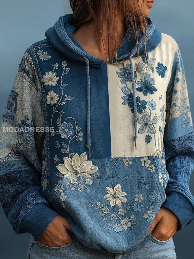 Kvinnor Bohemian blommigt tryck hoodiet som bild / S