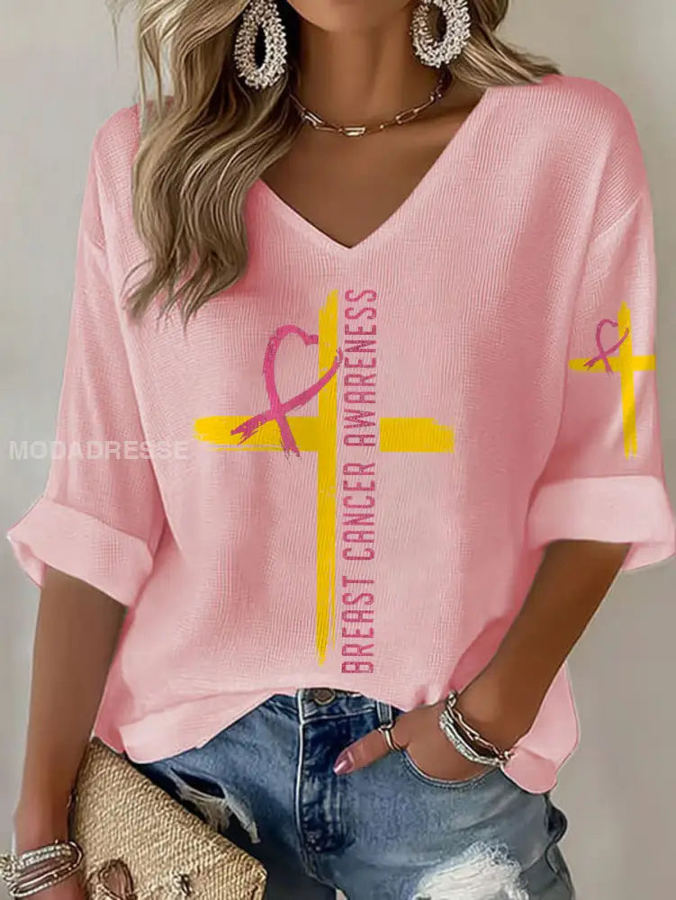 Kvinnor Brest cancer medvetenhet Sverige Flagg Tryckt våffle T shirt ljusrosa / S