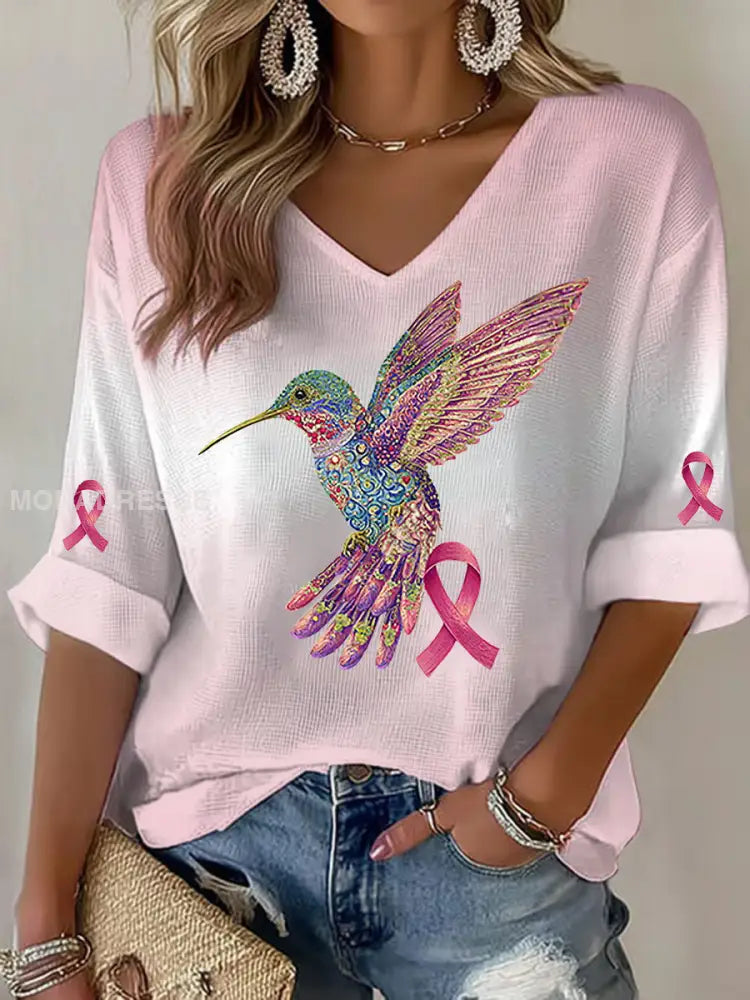 Kvinnor bröstcancer Hummingbird Print Casual T shirt runk / S