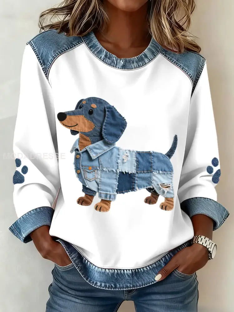 Kvinnor Dachhundd mönster Denim Patchwork konst sweathirt vitt / S