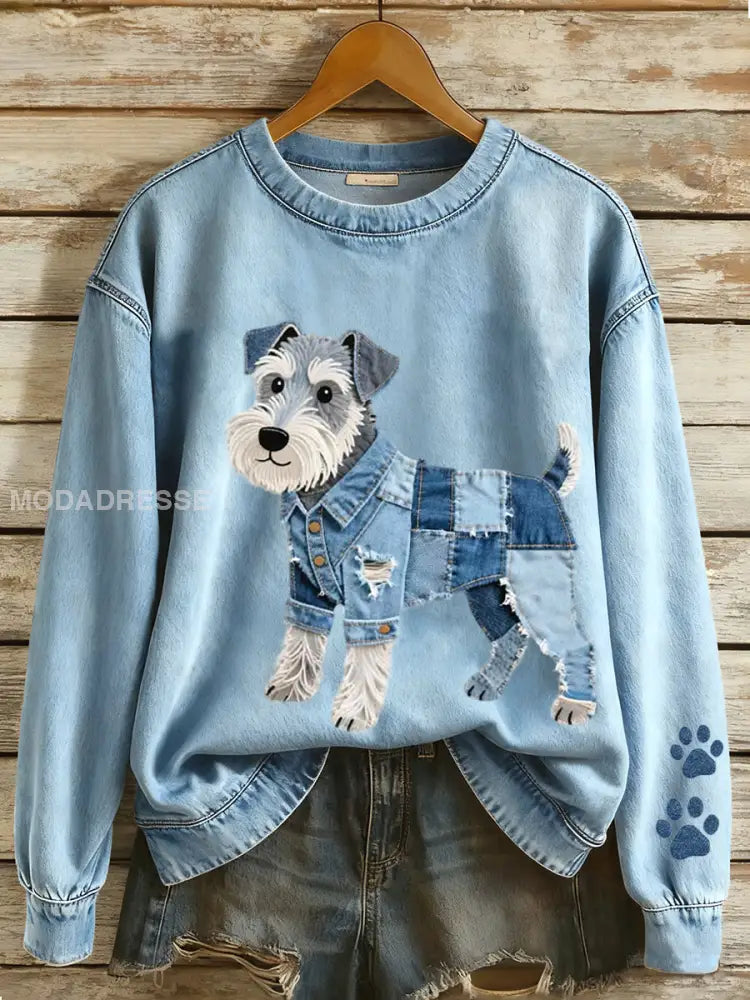 Kvinnor Denim Patchwork konst Schnauzer hund mönster Sweatshirt blå / S