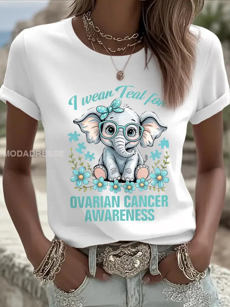 Kvinnor jag bär teal för äggstockscancer medvetenhet Elefant Print Tee vitt / S