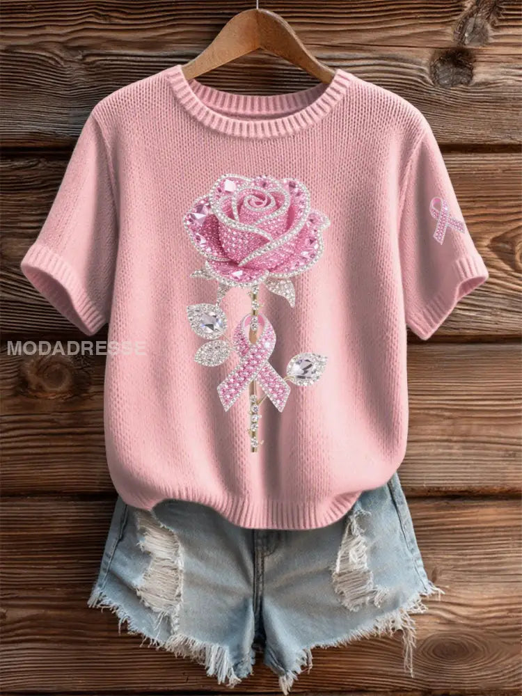 Kvinnor Pink Floral Print Casual T shirt ljusrosa / S