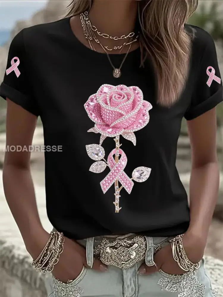 Kvinnor Pink Floral Print Casual T shirt svart / S