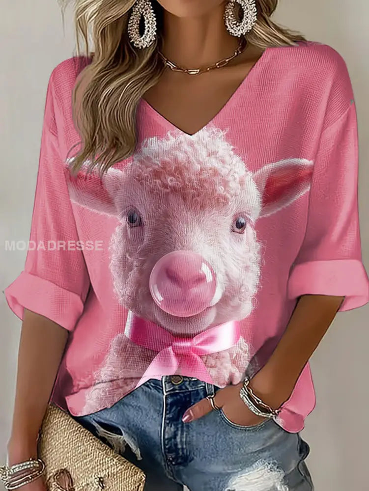 Kvinnor Pink Ribbon Djur Skriv ut Våffle T shirt som bild / S