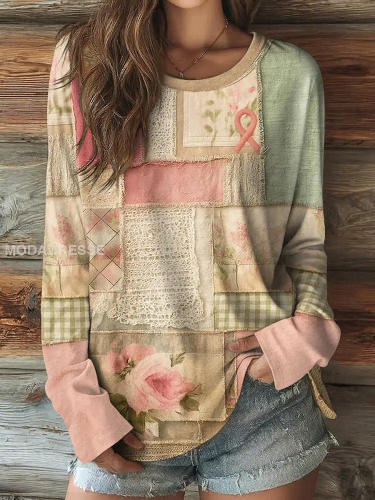 Kvinnor Pink Ribbon Floral Patchwork runt hals lång ärm T shirt som bild / S