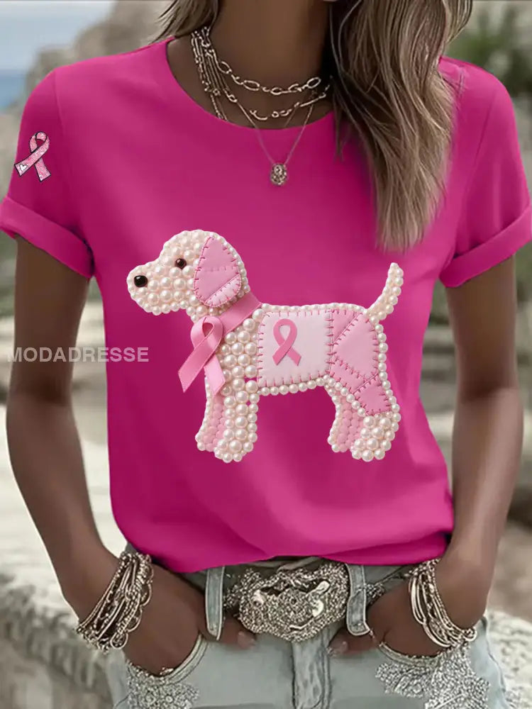 Kvinnor Pink Ribbon Pearl Dog Print Casual T shirt rosröd / S