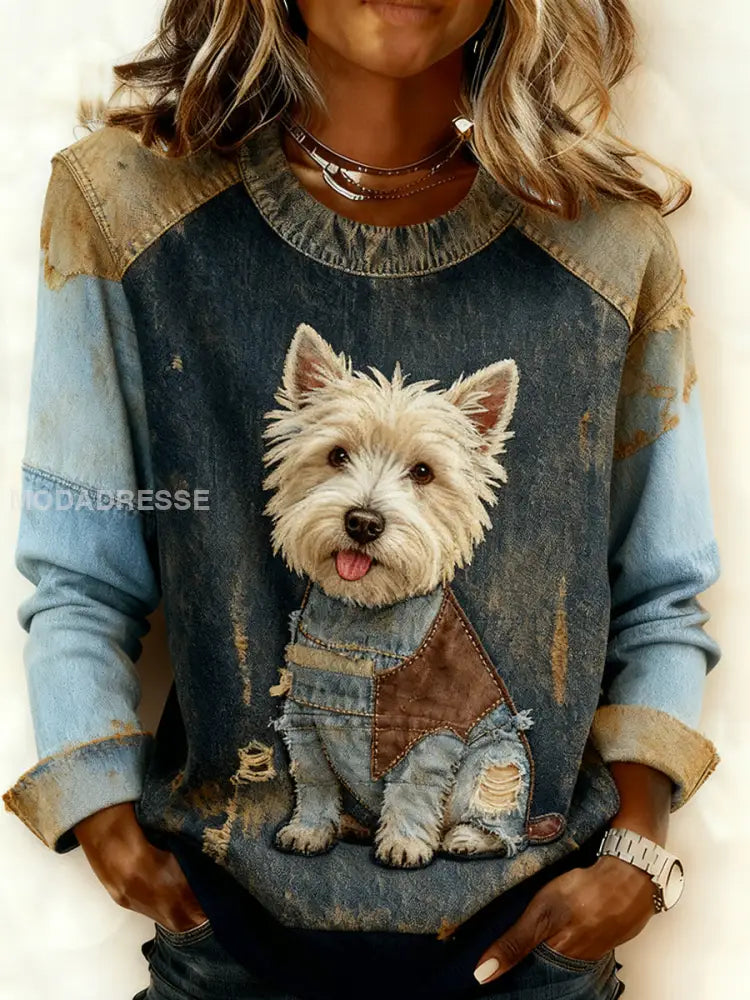 Kvinnor Retro Animal Art Print Bekväm Denim Patchwork Sweatshirt A / S