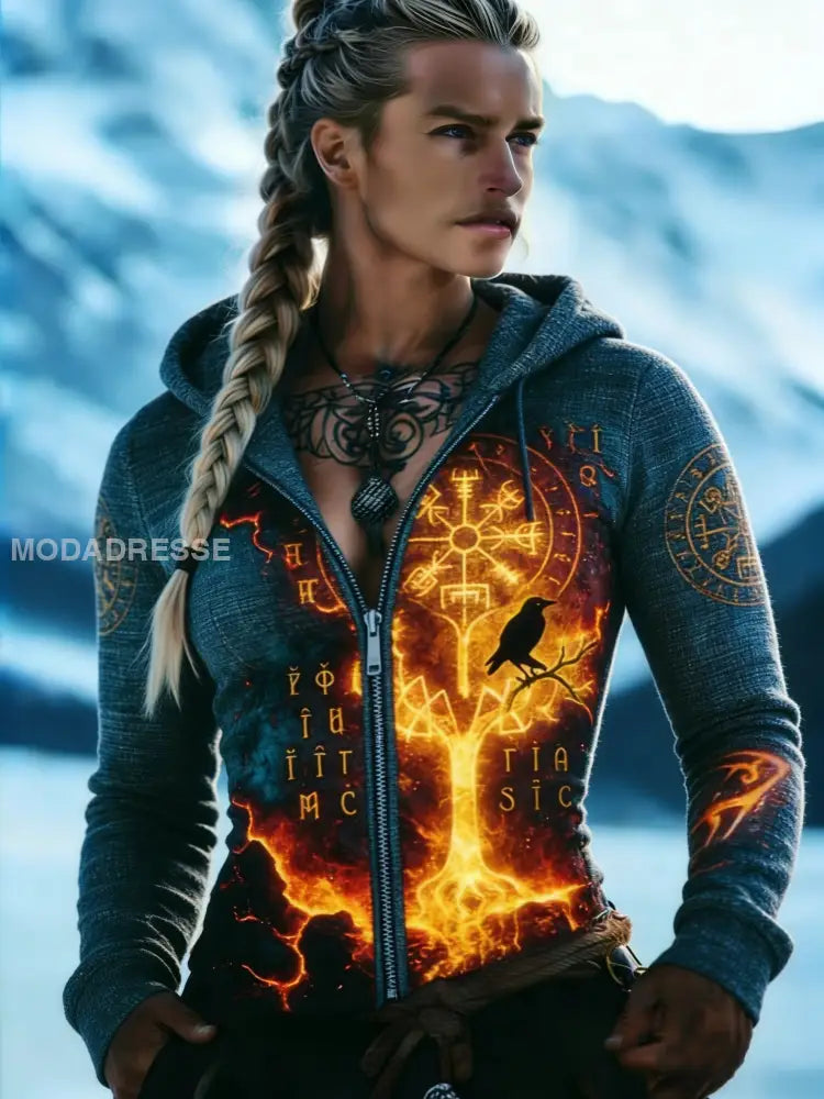 Kvinnor Retro Nordic Viking kompass Rune Casual Hooded Jacka blå / S