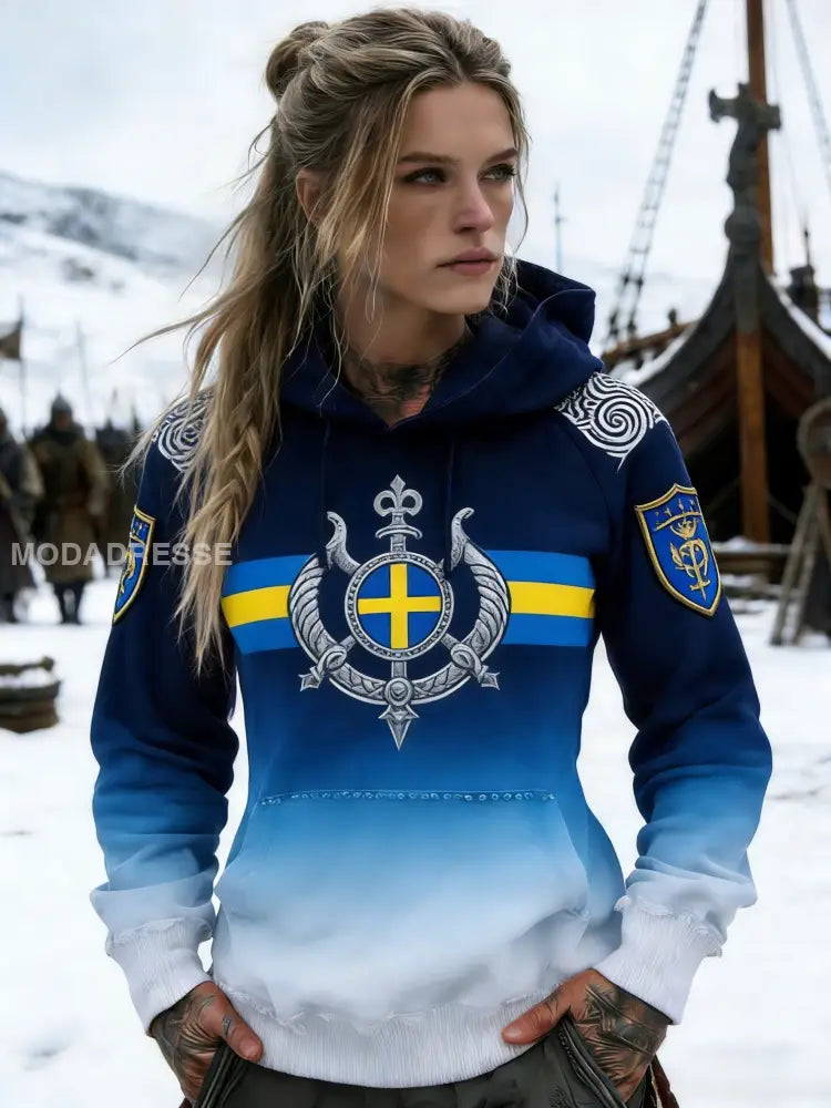 Kvinnor Retro Svenska flaggbricka Casual Bekväm Hoodie Sweatshirt blå / S