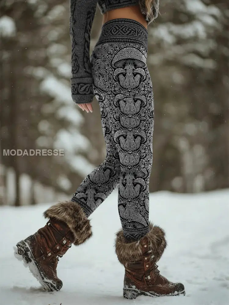 Kvinnor Retro Viking Celtic Knop Valkyrie Rune Sport Stretch Leggings svart / S
