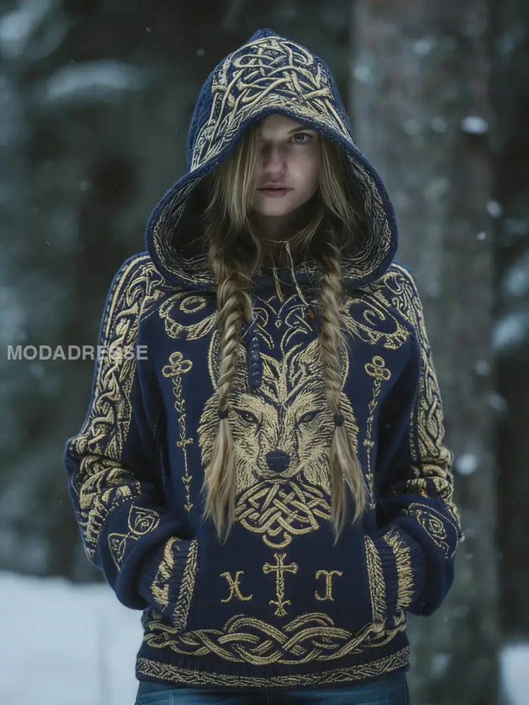 Kvinnor Retro Viking Celtic Knut träd av livet Varg bekväm tryckt huva tröjar blå / S