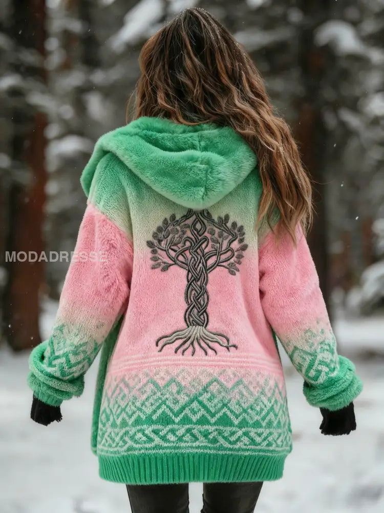 Kvinnor Retro Viking Celtic Knut träd liv Gradient Skriv ut bekväm Flannel Cardigan Jacka grönt / S