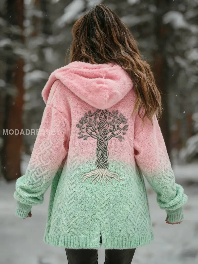 Kvinnor Retro Viking Celtic Knut träd liv Gradient Skriv ut bekväm Flannel Cardigan Jacka runk / S