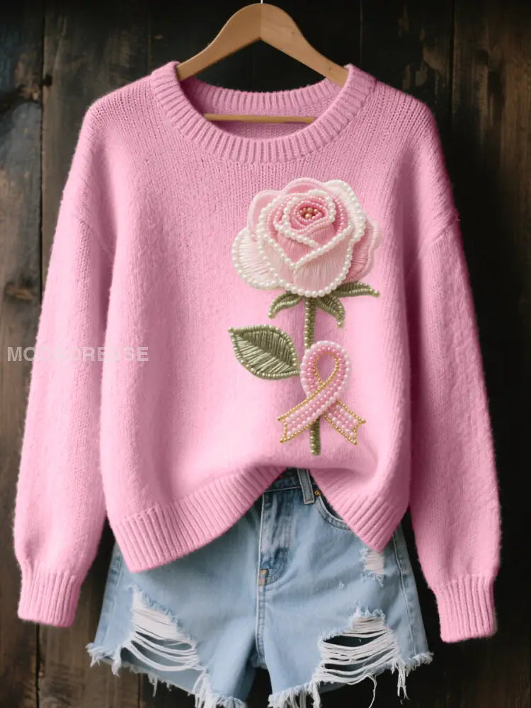 Kvinnor rosa Rose Beaded Broderad mysiga sticka tröjar runk / S