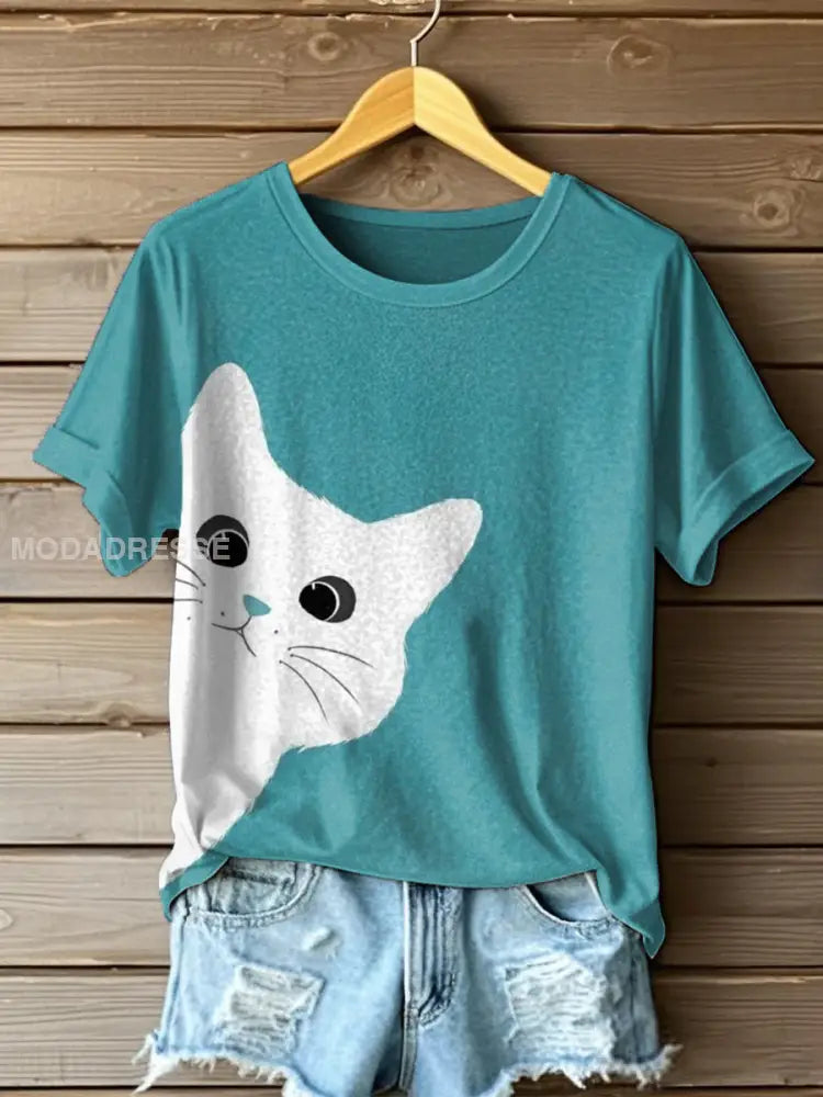 Kvinnor söt katt konst Skriv ut T-shirt som bild / S