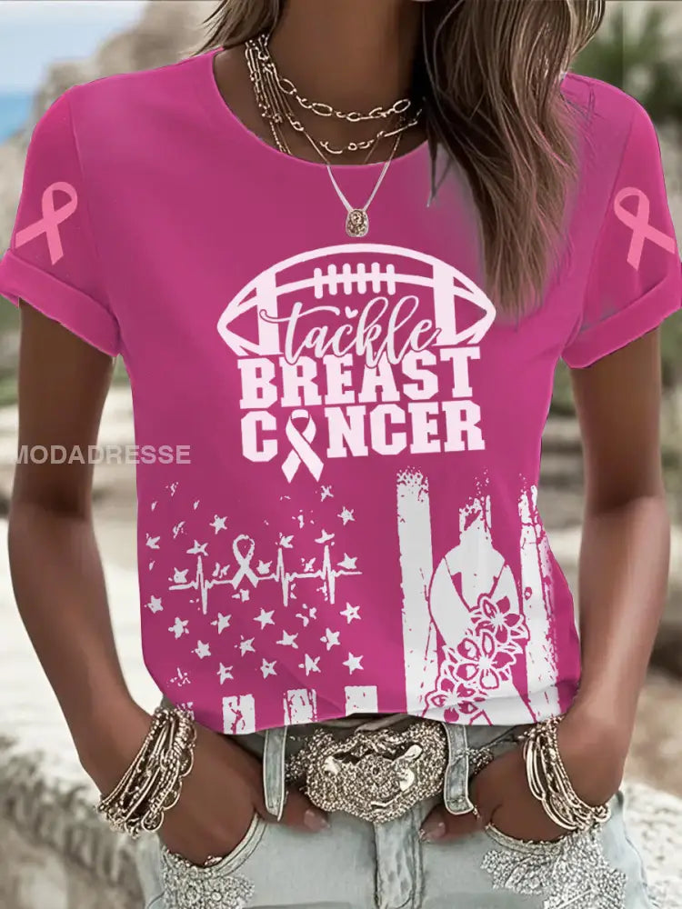 Kvinnor Tackle bröstcancer Tryckt T shirt runk / S