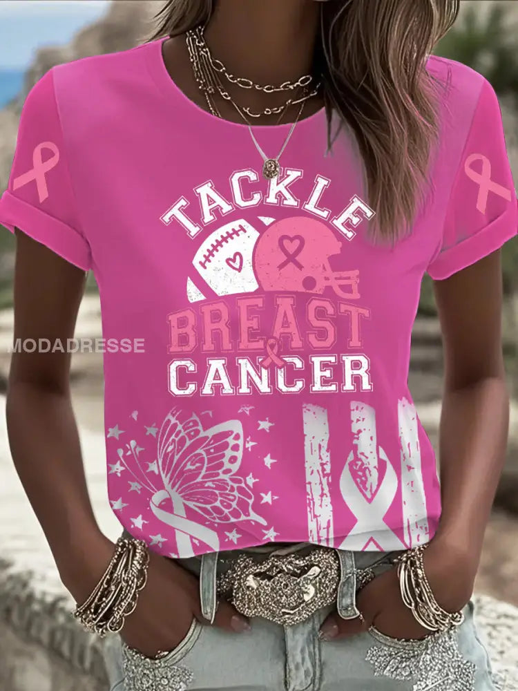 Kvinnor Tackle bröstcancer Tryckt T shirt runk / S