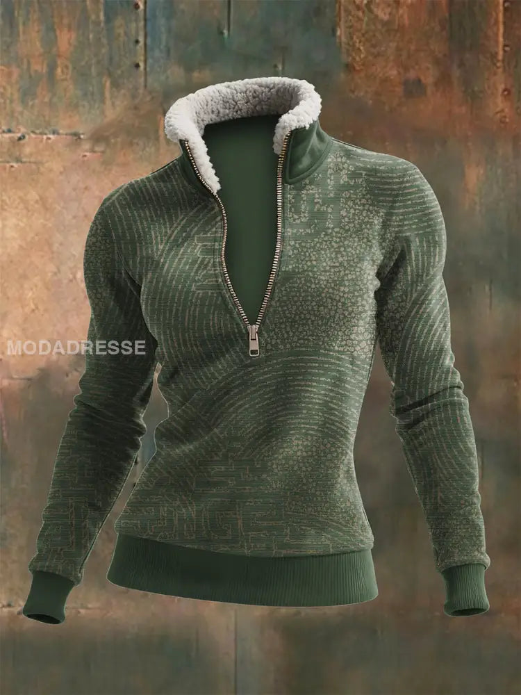 Kvinnor Viking Totem Tryckt blixtlås Lam Ull Lång ärm topp ljusgrön / S