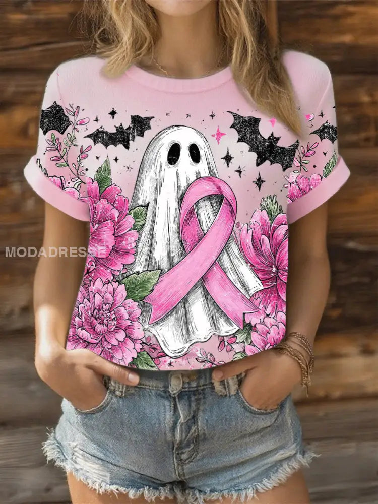 Kvinnors blomster bröstcancer rosa band topp runk / S